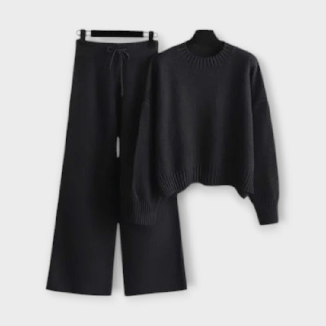Stella - Schwarzes lässiges Strick-Set mit weiter Hose