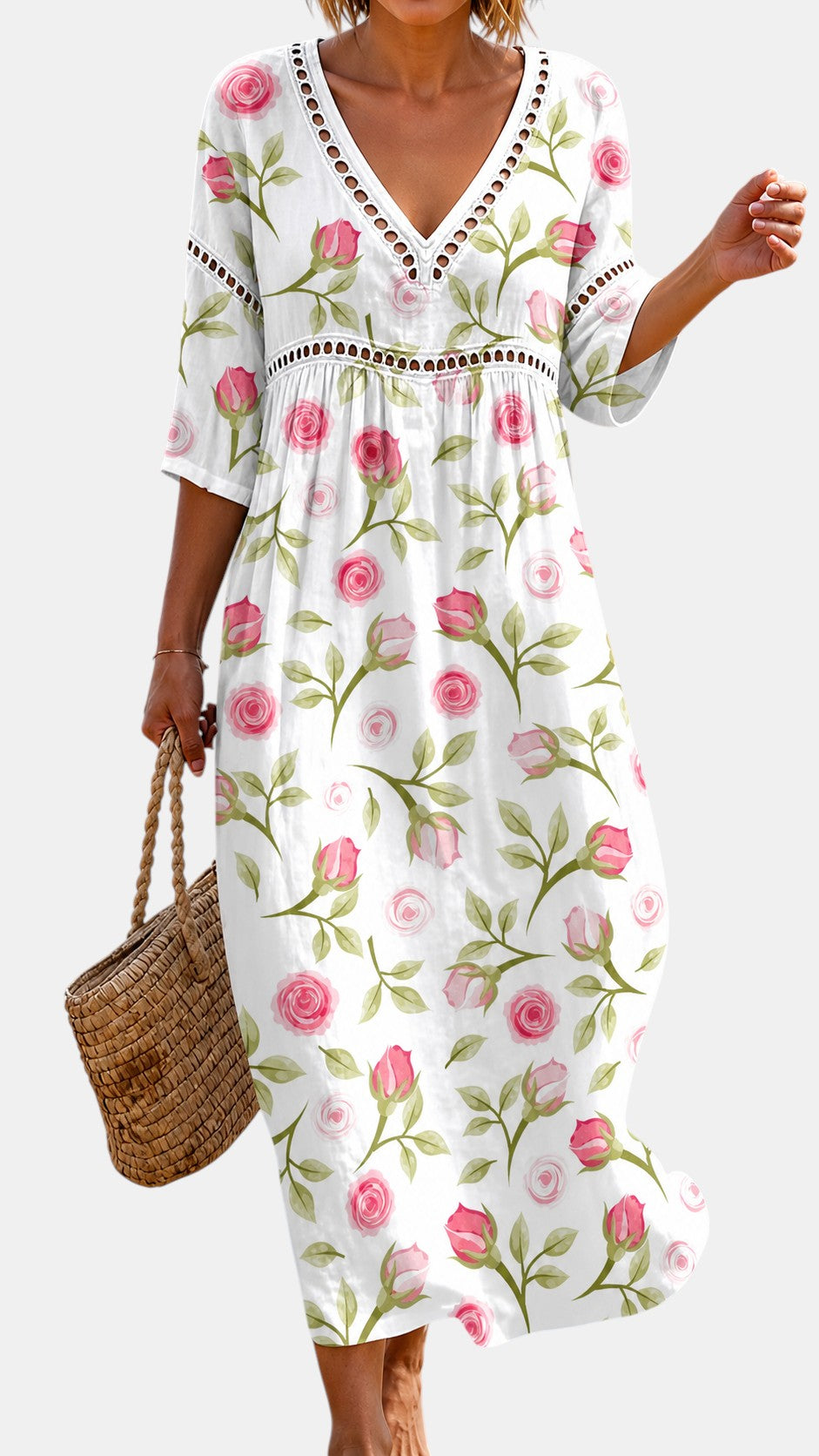Robe Midi d'Été Douce à Imprimé Roses