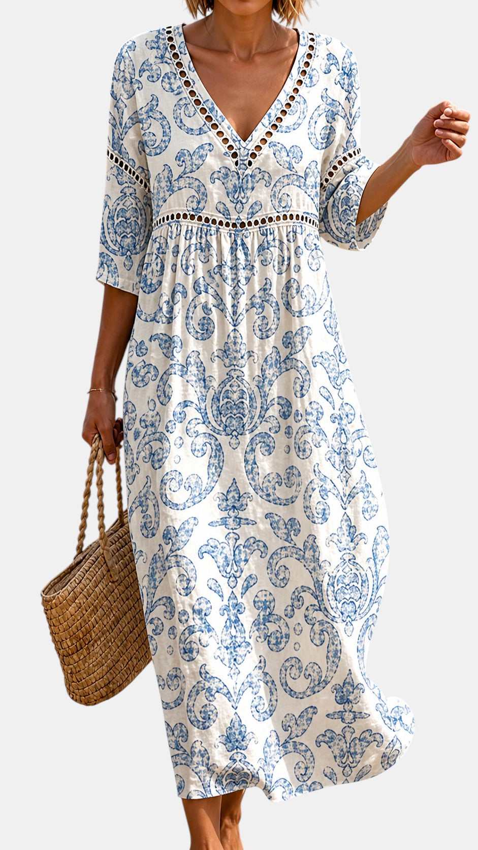 Robe Midi Douce à Motif Bleu Classique