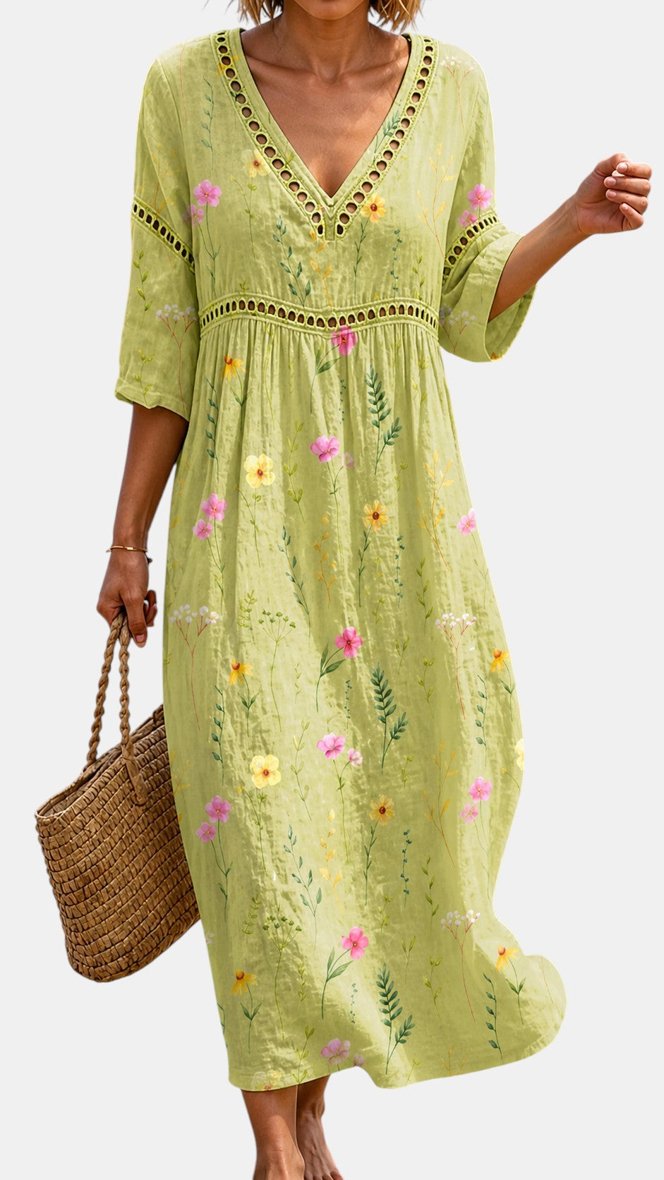 Robe Midi Vert Clair à Fleurs Délicates