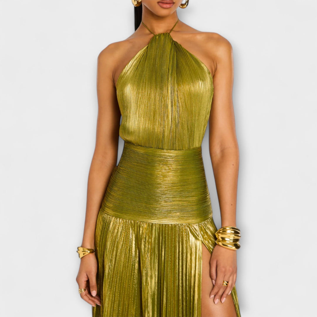 Emma - Goldenes Halterkleid mit offenem Rücken