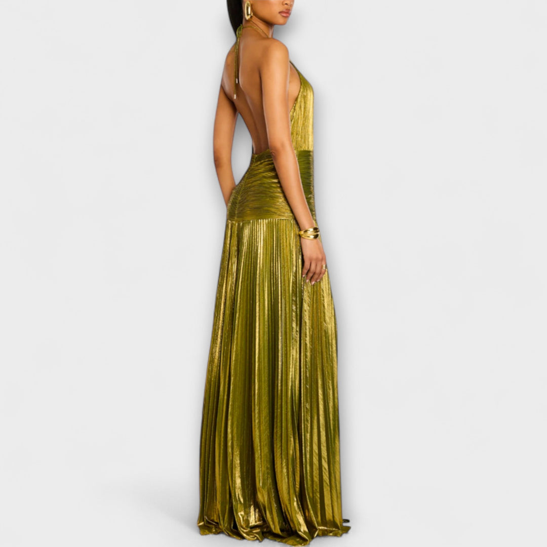 Emma - Goldenes Halterkleid mit offenem Rücken