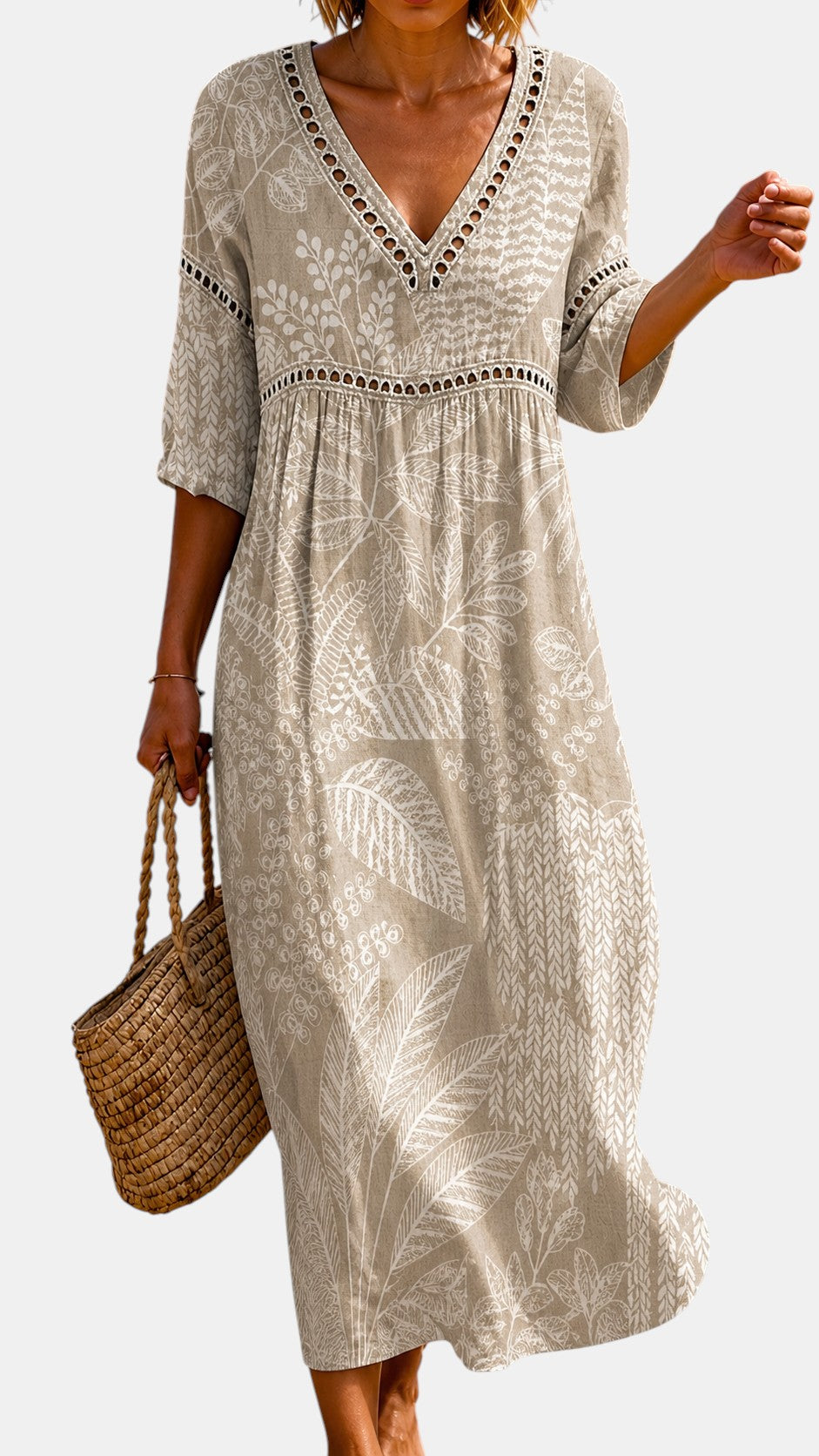 Robe Midi Douce à Imprimé Feuilles Naturelles