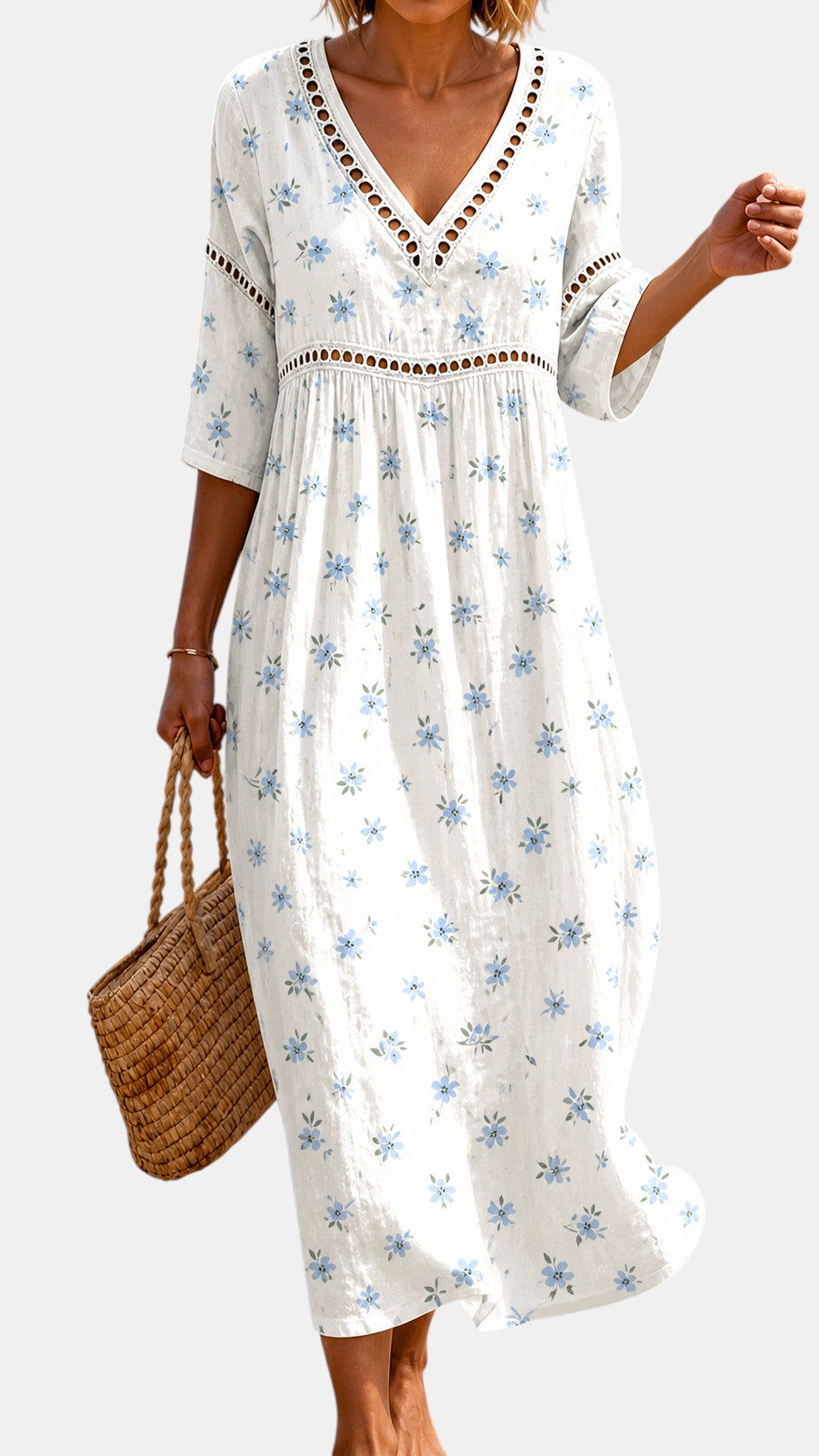 Robe Midi d'Été Douce à Petites Fleurs Bleues