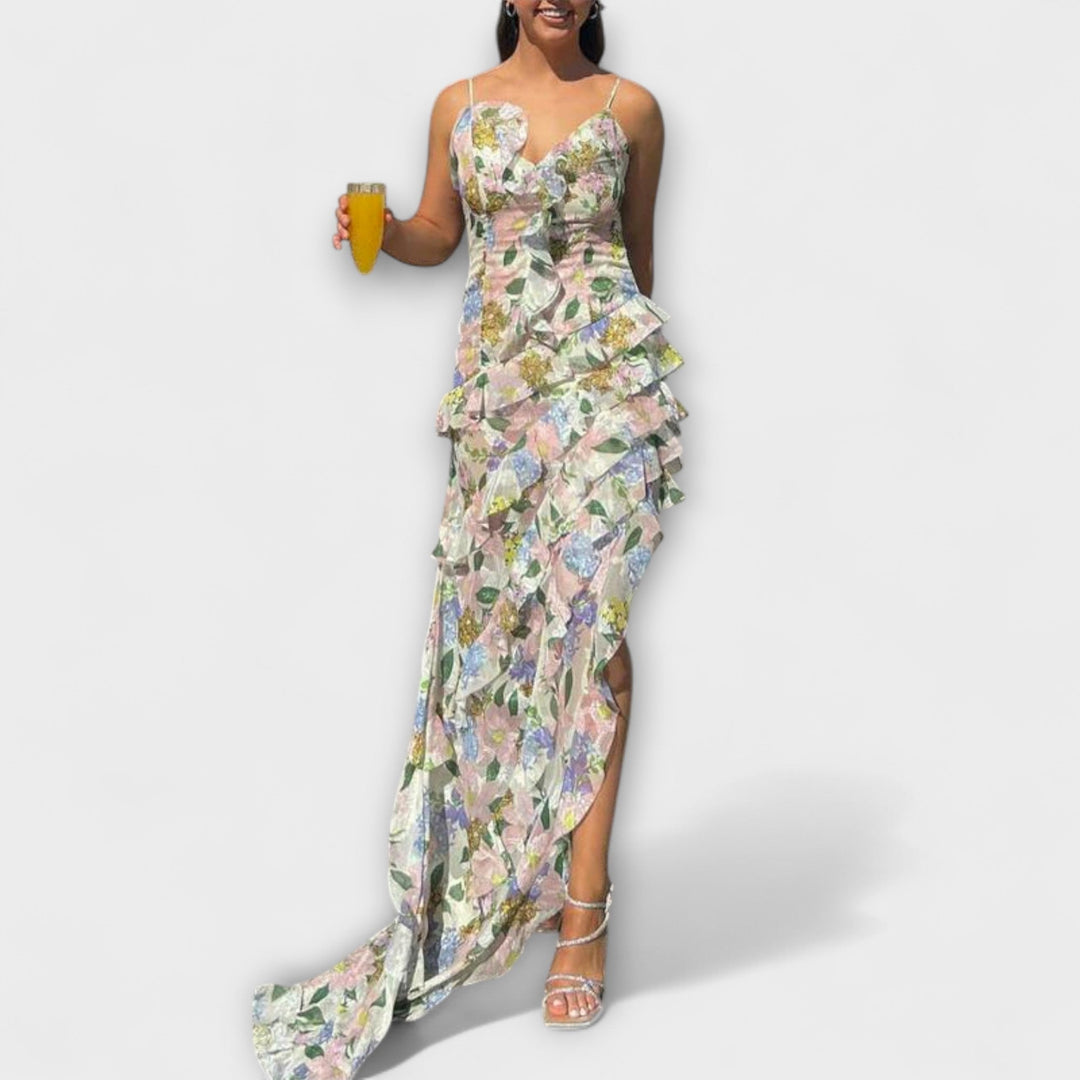 Indie - Buntes Maxikleid mit Blütendruck und Rüschen