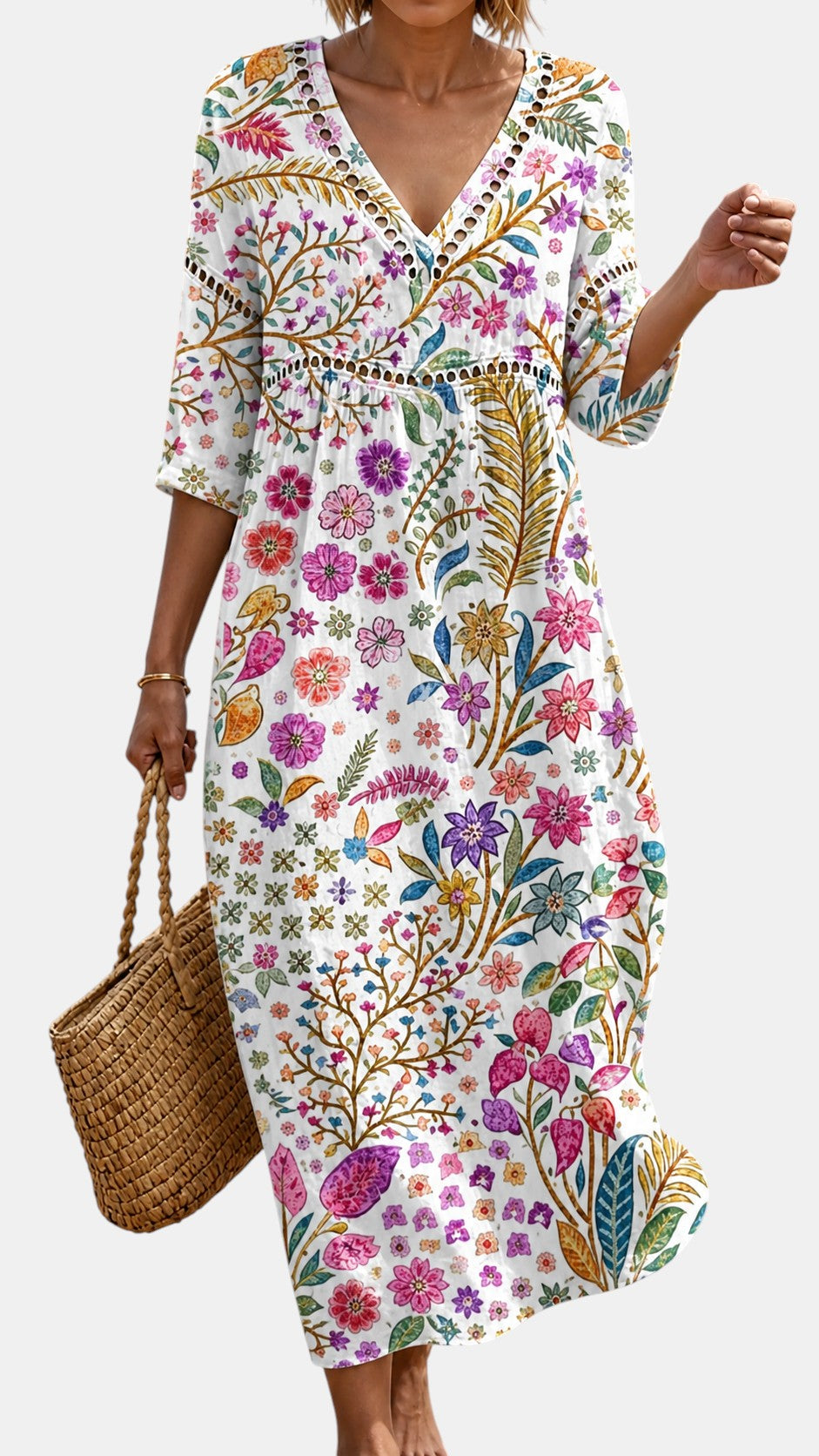 Robe Midi Douce à Motif Fleuri Multicolore Élégant