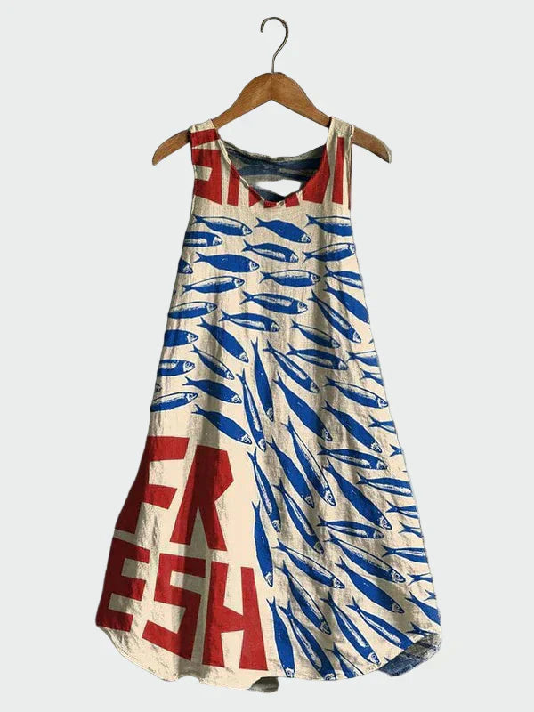 Weisses Kleid mit Sardinen-Print