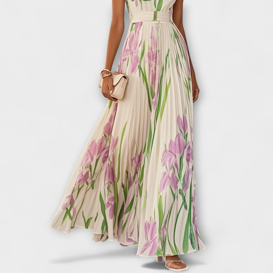 Gefaltetes florales Chiffon-Maxikleid in Creme