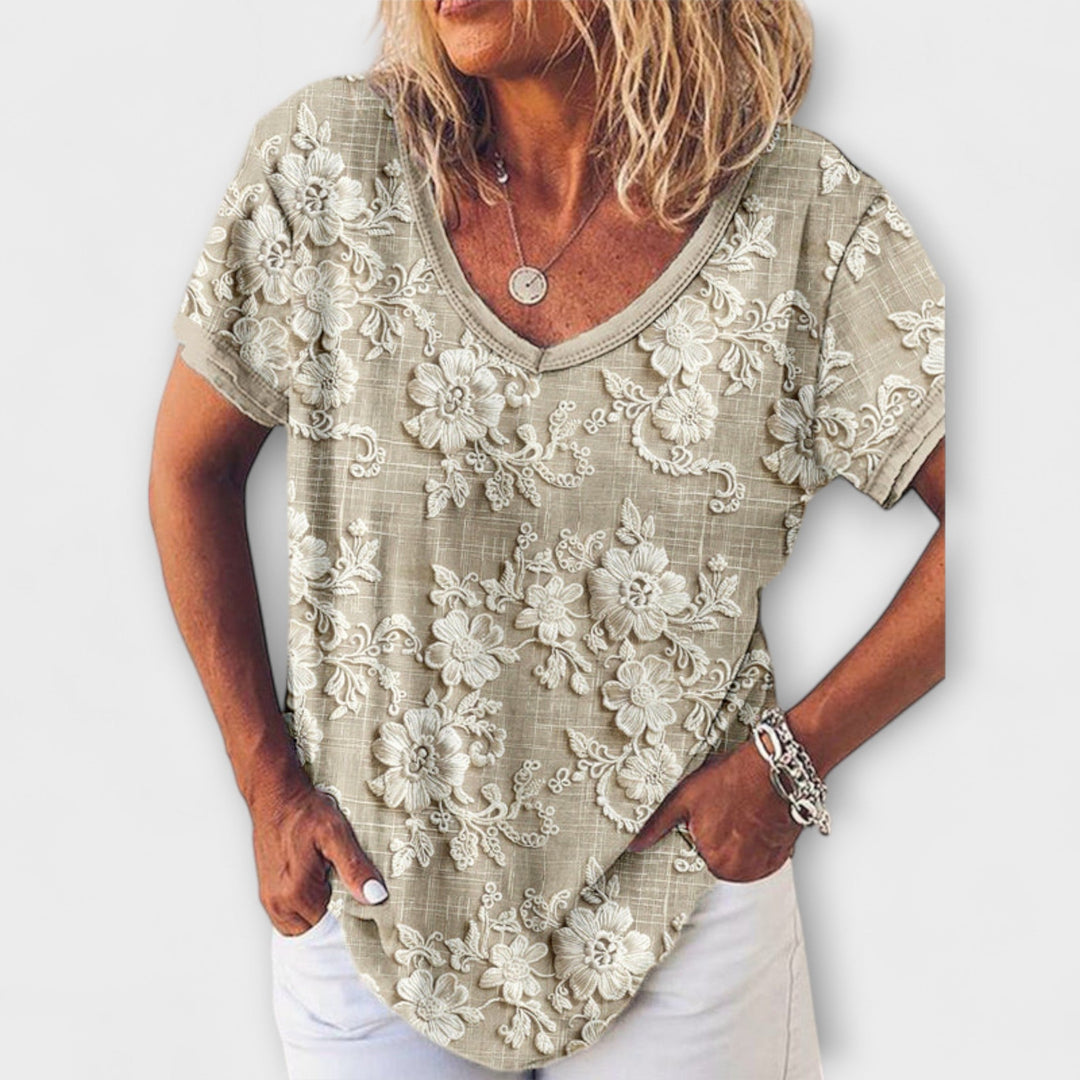 Mia - Beige Bluse mit floralem 3D-Muster