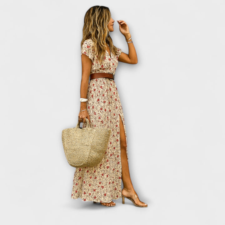 Sybella - Beiges Boho-Maxikleid mit Streublumen