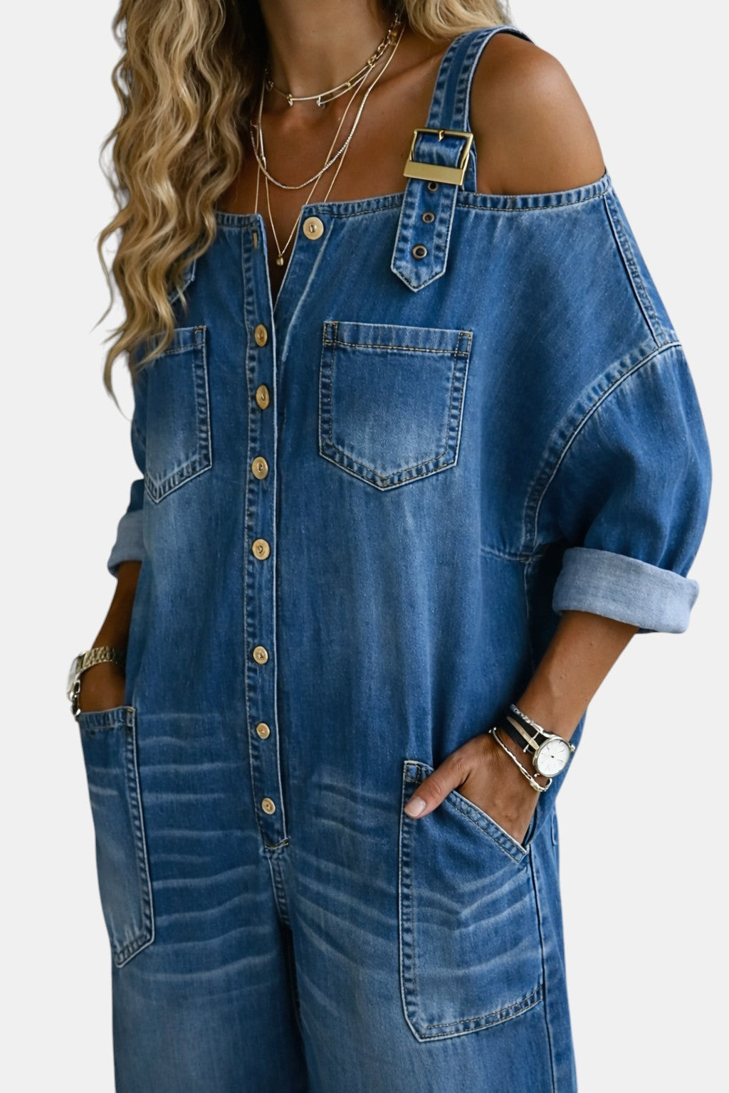 Sophia | Salopette en denim avec épaules dénudées