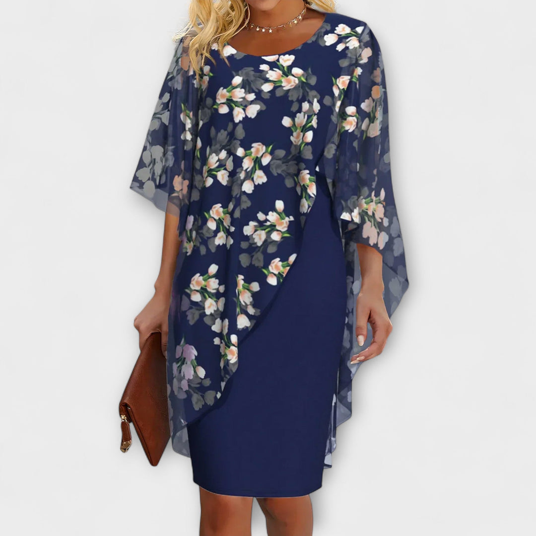Lyanna - Dunkelblaues Chiffonkleid mit Blütenmuster