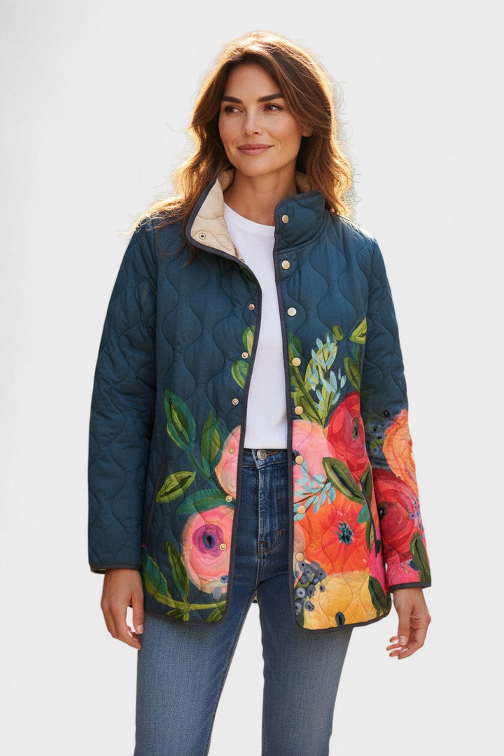 Florie – Steppjacke mit Blumendruck und Plüschkragen