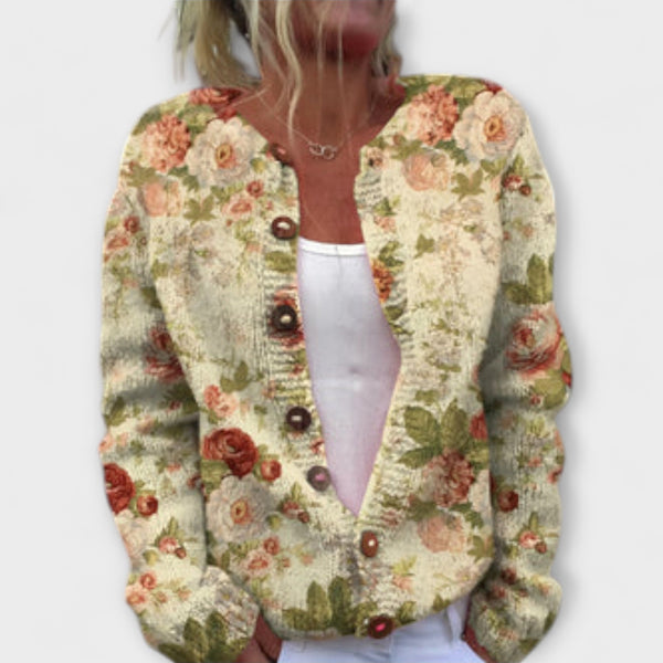 Leona - Cardigan Crème à Imprimé Fleurs des Champs