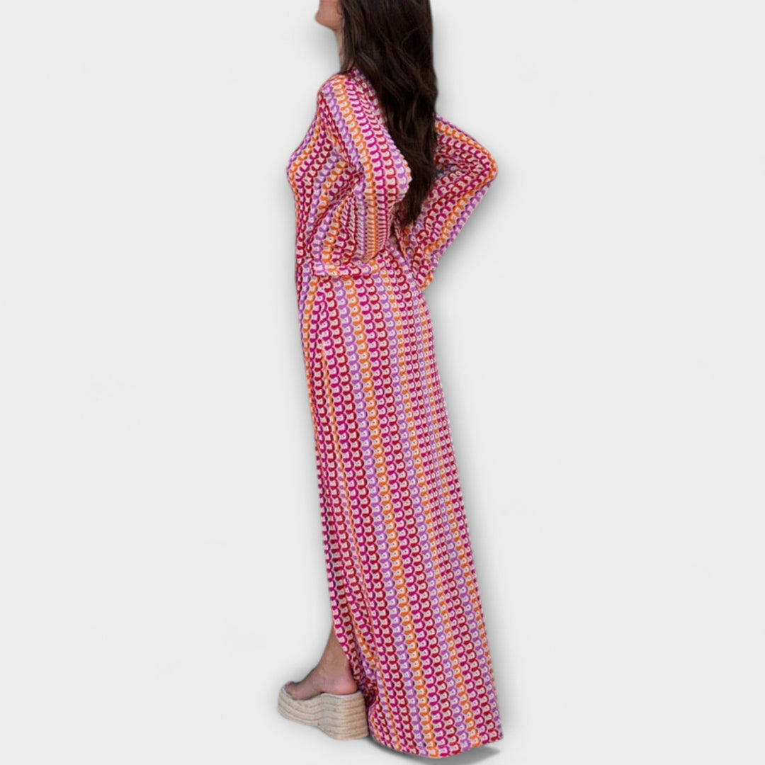 Elina - Buntes Strick-Maxikleid mit V-Ausschnitt
