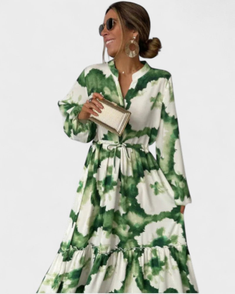 Gabriela - Grün-weisses elegantes Langkleid