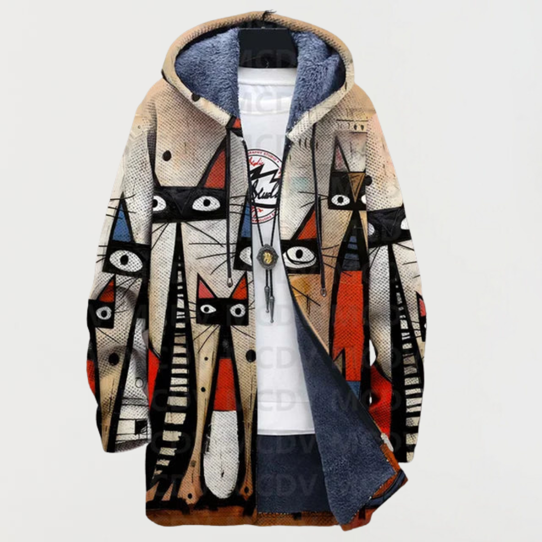 Abstract Pattern Coat with Cat