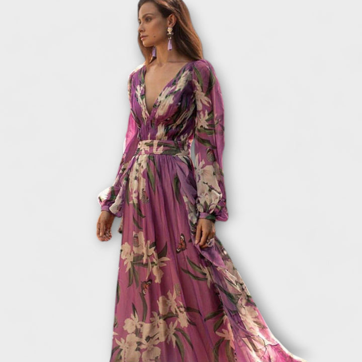 Hochwertiges lila Maxikleid mit Blütenmuster