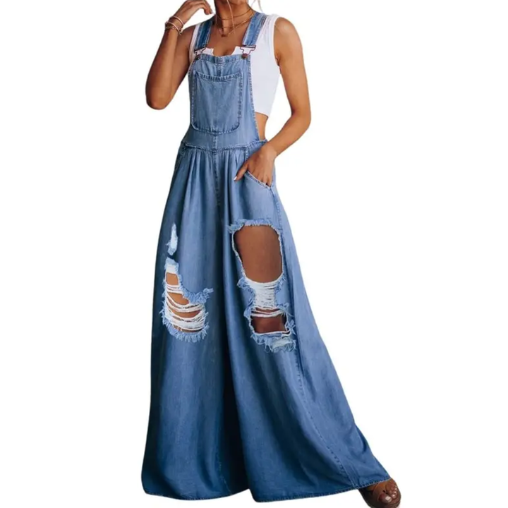 FRANNIE™ – Casual Ripped Wide Leg Denim Bib Overall Jeans Pants