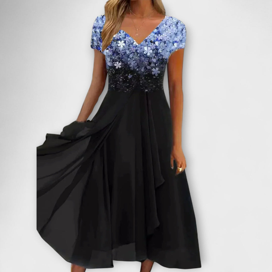 Lara - Schwarzes Chiffon-Partykleid mit Blütenoberteil