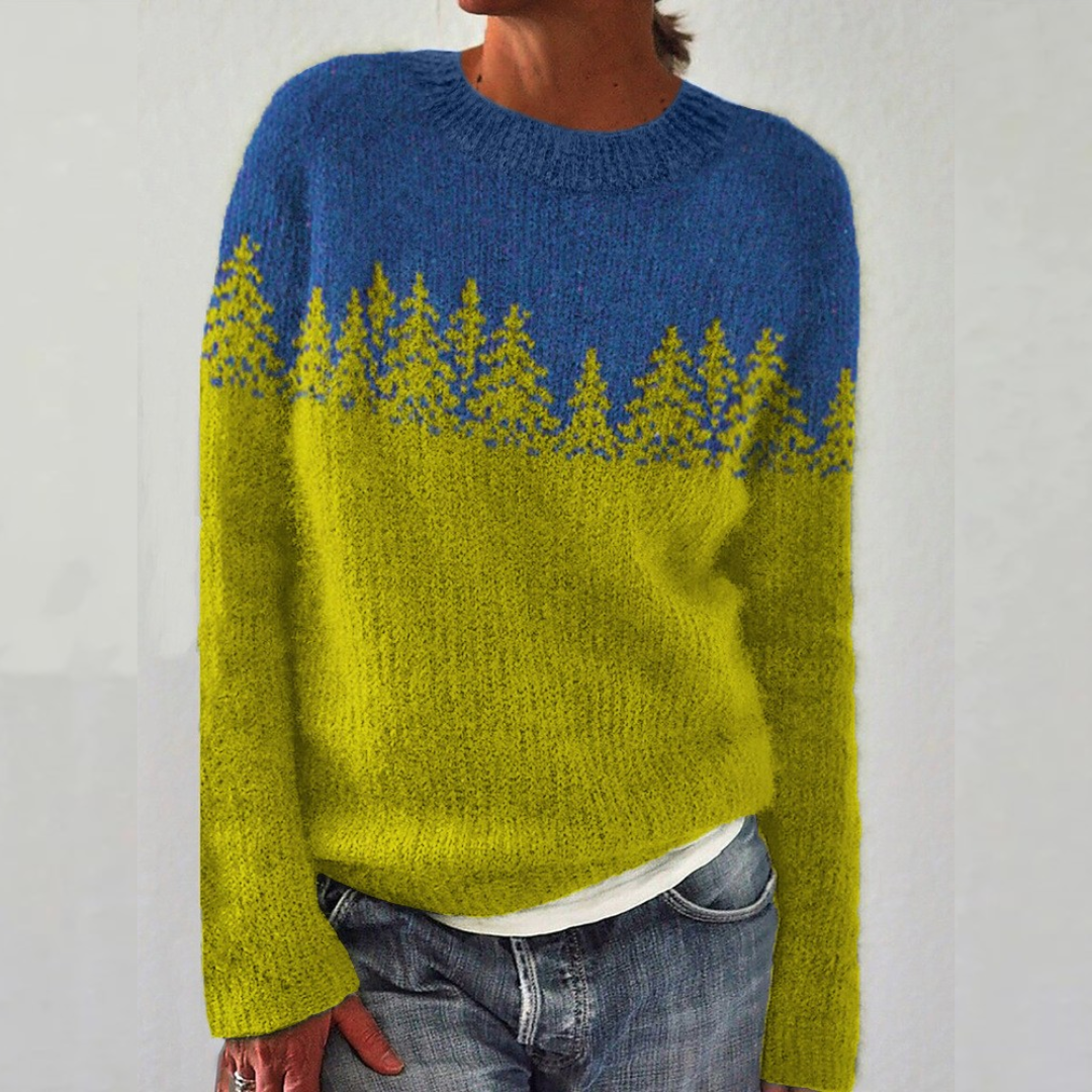 Rikarda | Blau-gelber Retro-Pullover mit Tannenmuster