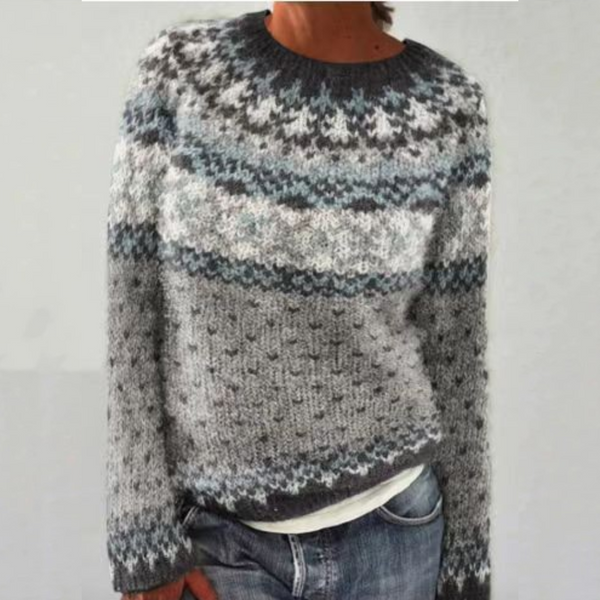 Kerstin | Pull Rétro Gris et Blanc à Motif Norvégien