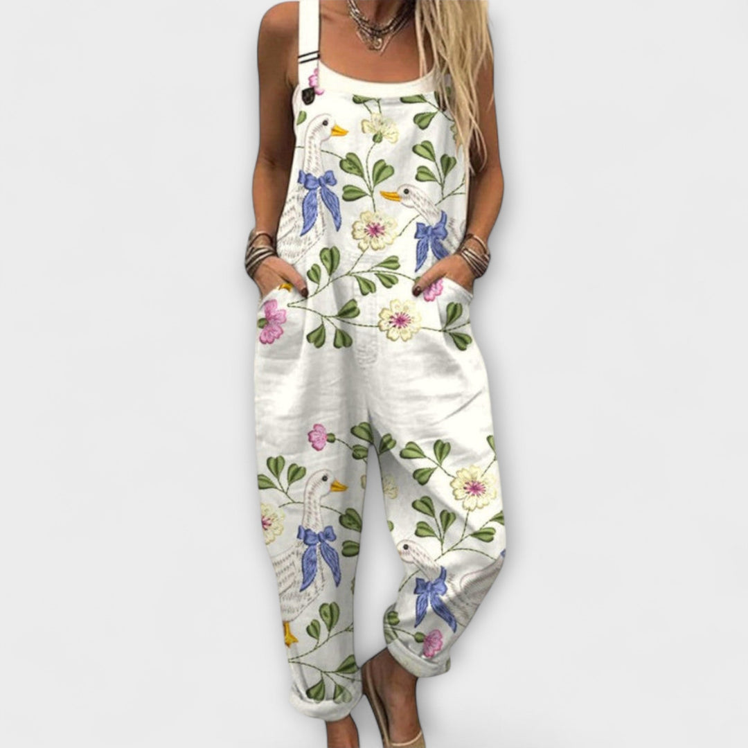 Thaïs - Weisse Latzhose mit bunten Blüten