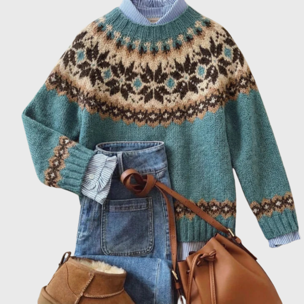 Vellaria | Pull Vintage Bleu Pétrole à Motif Norvégien
