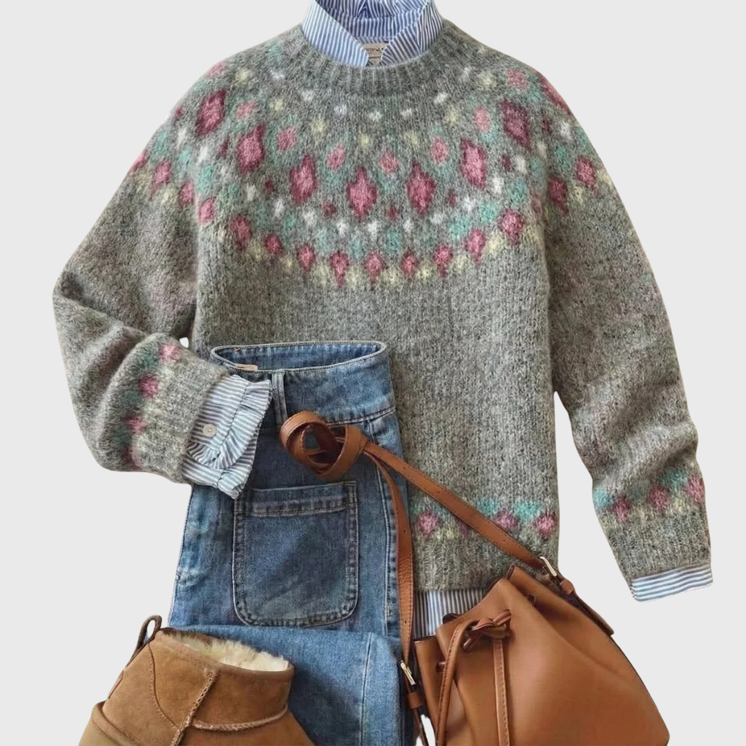 Lara | Grauer Vintage-Pullover mit Blütenmuster