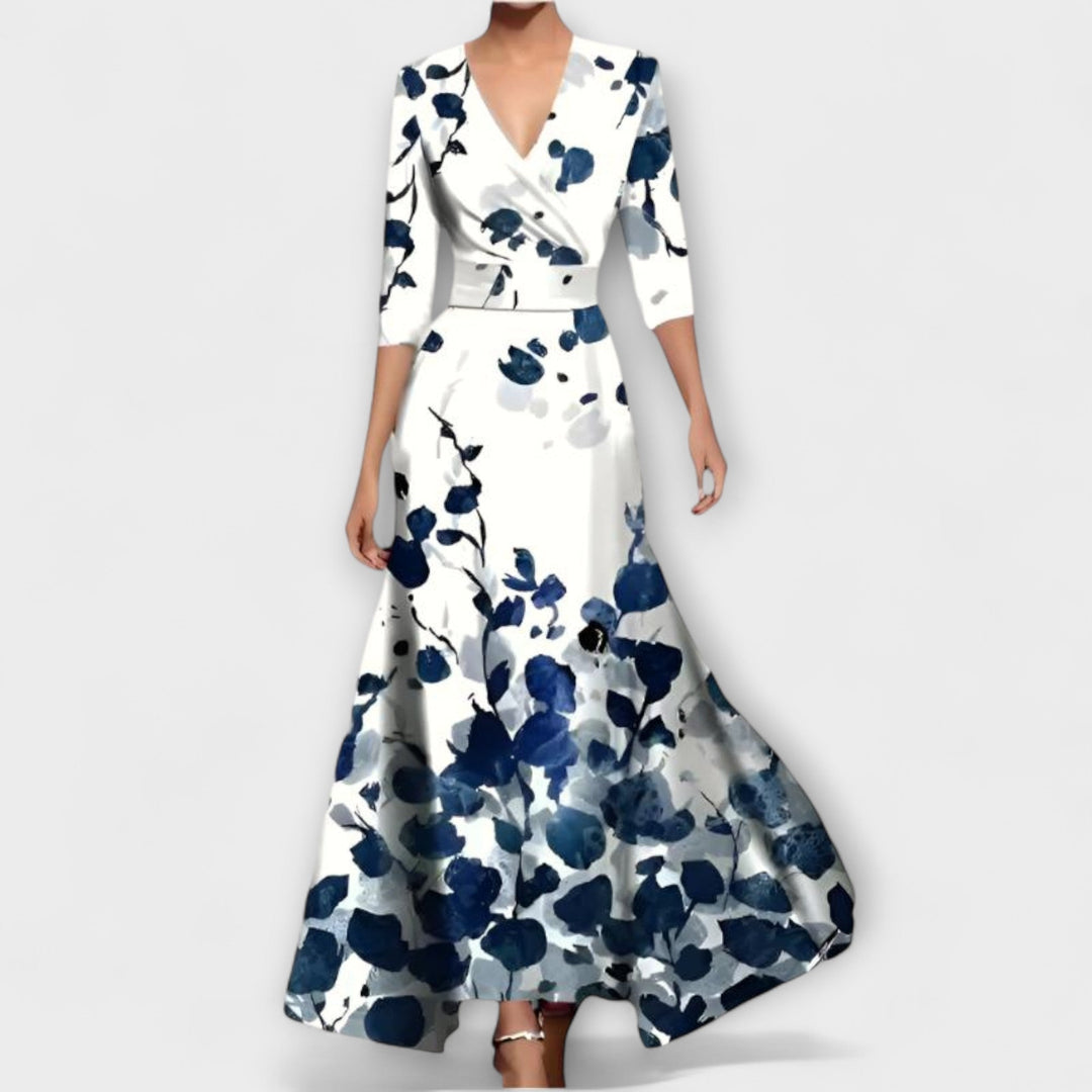 Alma - Weiss-blaues Kleid mit Blütenmuster