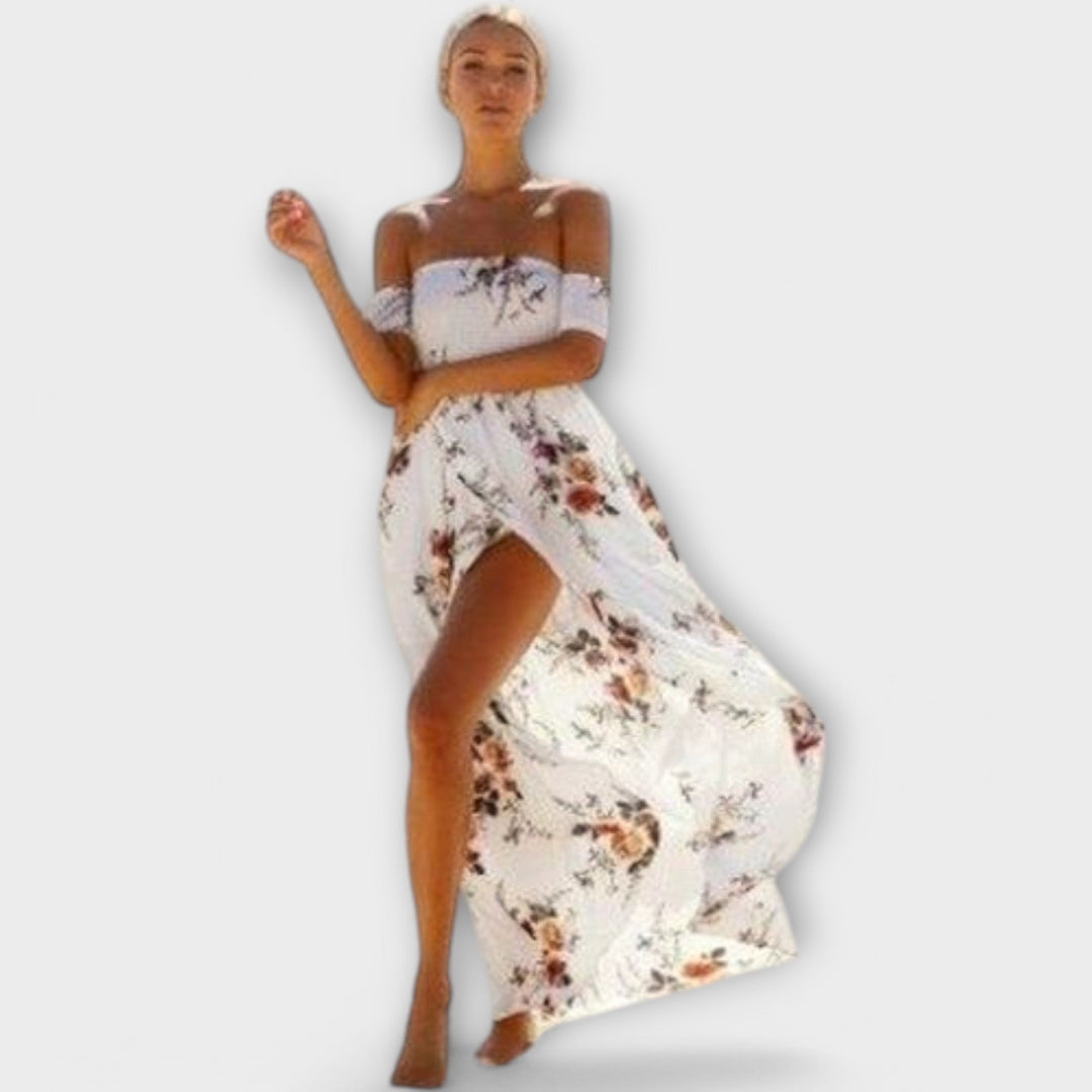Verena - Weisses Boho-Midikleid mit Blütenmuster