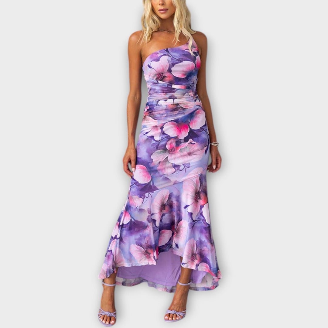 Pia - Lila Maxikleid mit Blütenmuster und Raffung