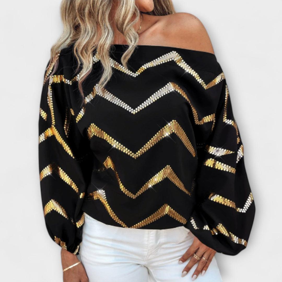 Bianca - Schwarze Frühlingsbluse mit Gold-Zickzack