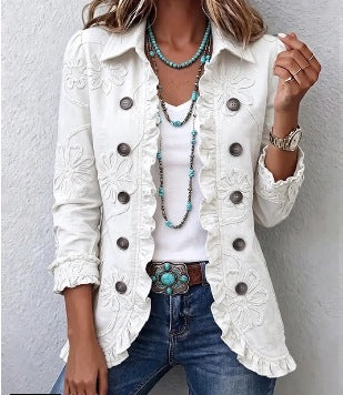 Camilla | Veste boho-chic ivoire brodée à finitions volantées