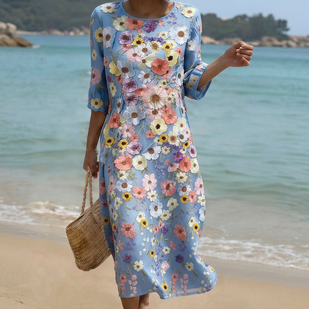 Mel - Helles Midi-Kleid mit buntem Blumenmuster