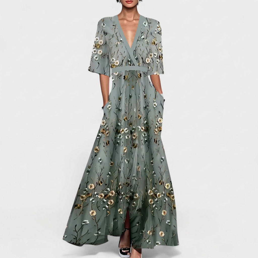 Rute - Graugrünes Maxikleid mit floralem Muster