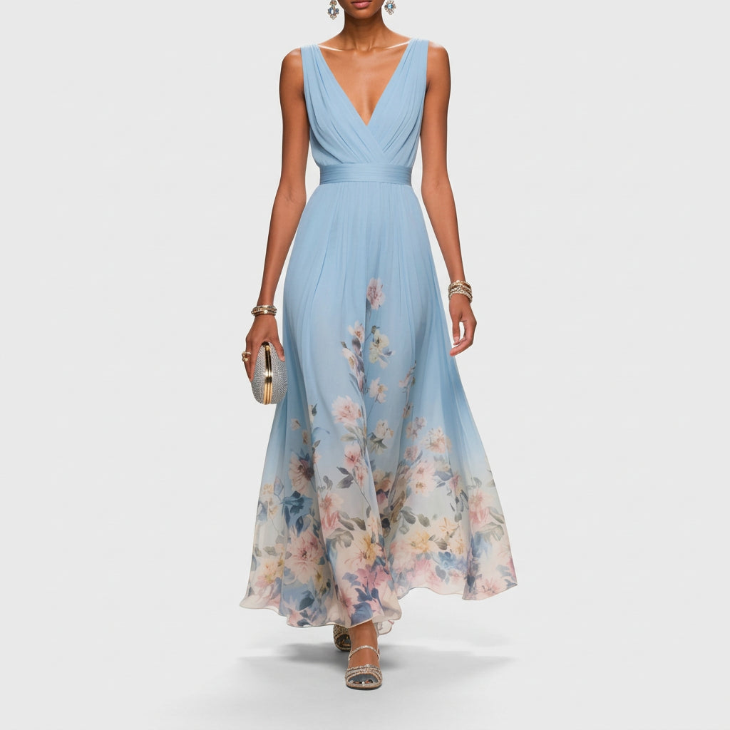 Cíntia - Hellblaues Sommerkleid mit Blütensaum
