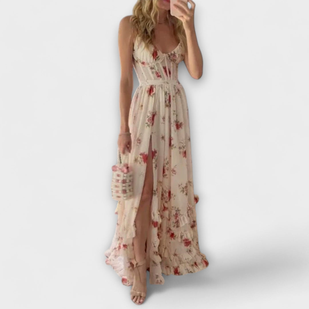 Hazel - Cremefarbenes Maxikleid mit Blütenmuster