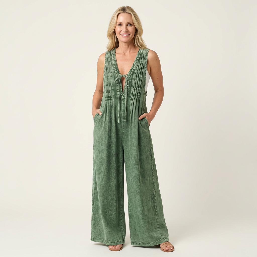 Griselda | Combinaison en denim à jambes larges plissées