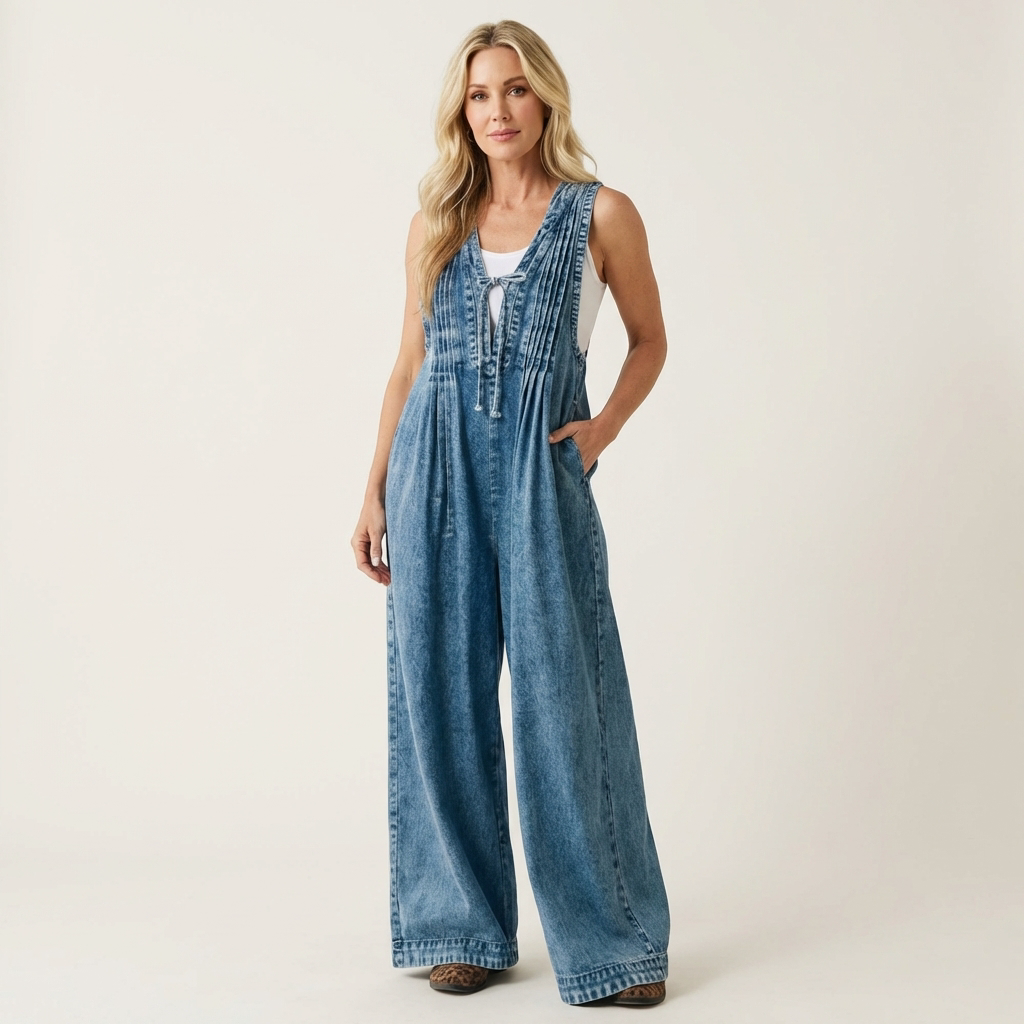 Griselda | Combinaison en denim à jambes larges plissées