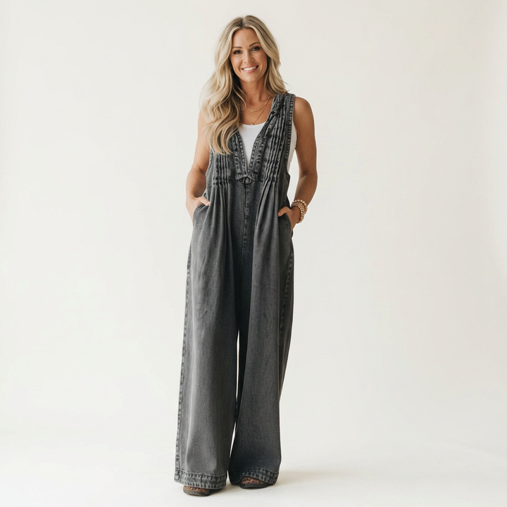 Griselda | Combinaison en denim à jambes larges plissées