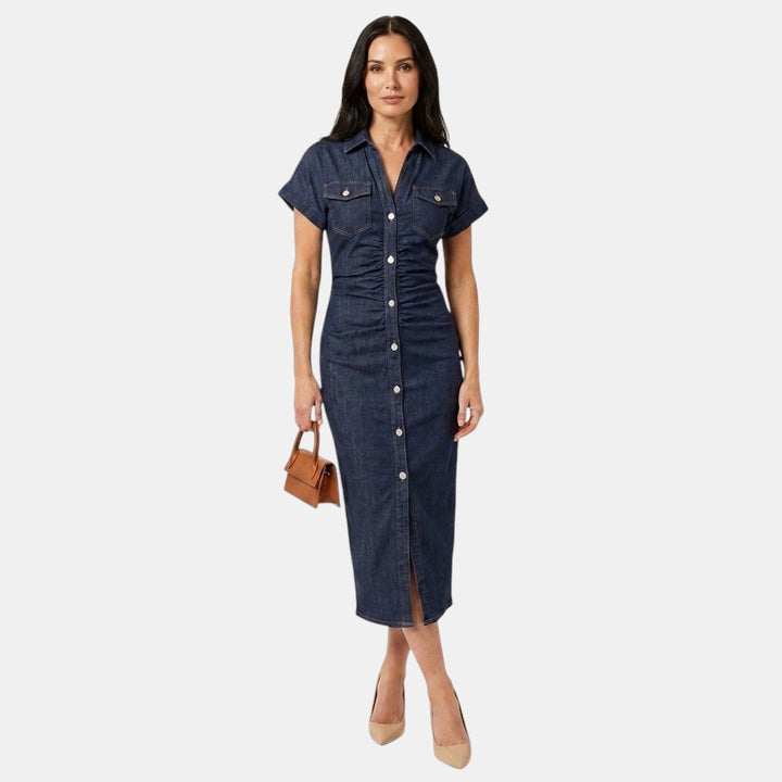 Maya | Robe Midi Bodycon en Denim avec Boutonnage Avant