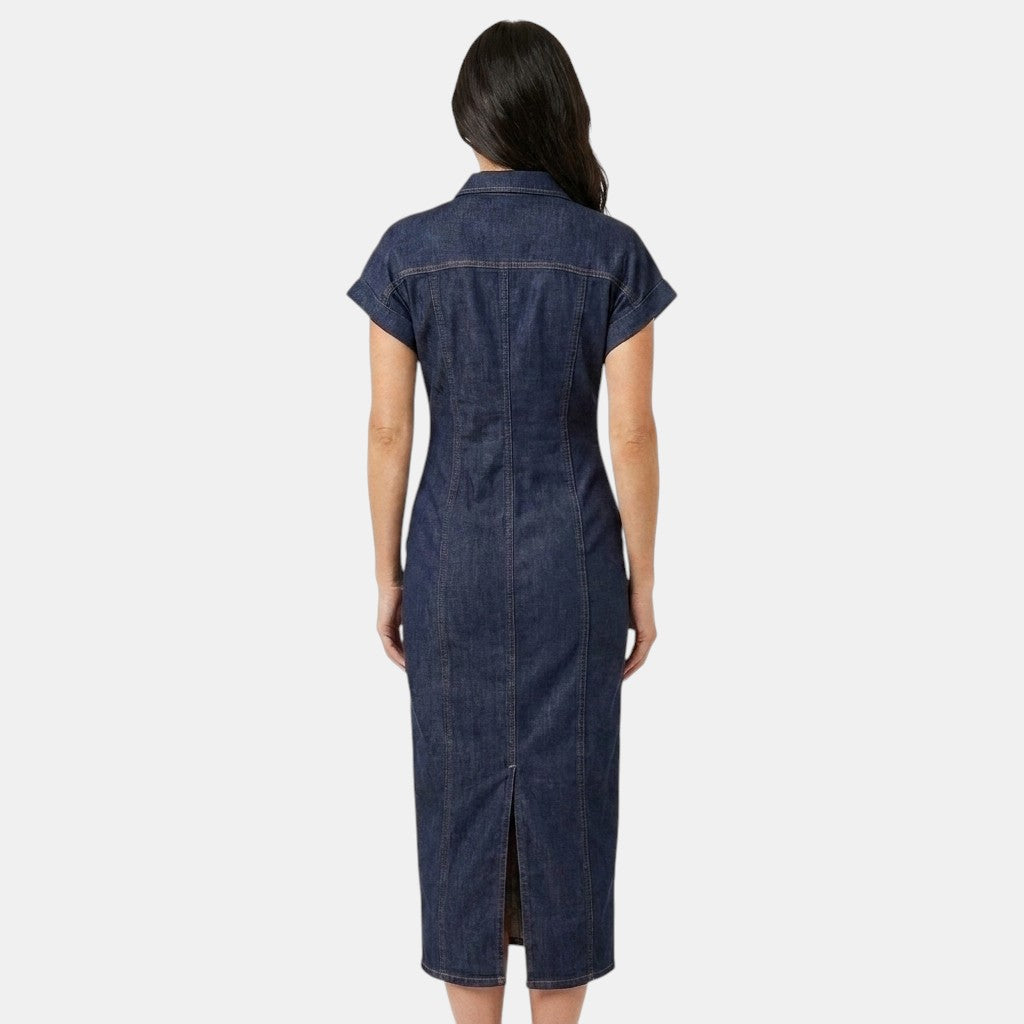 Maya | Robe Midi Bodycon en Denim avec Boutonnage Avant