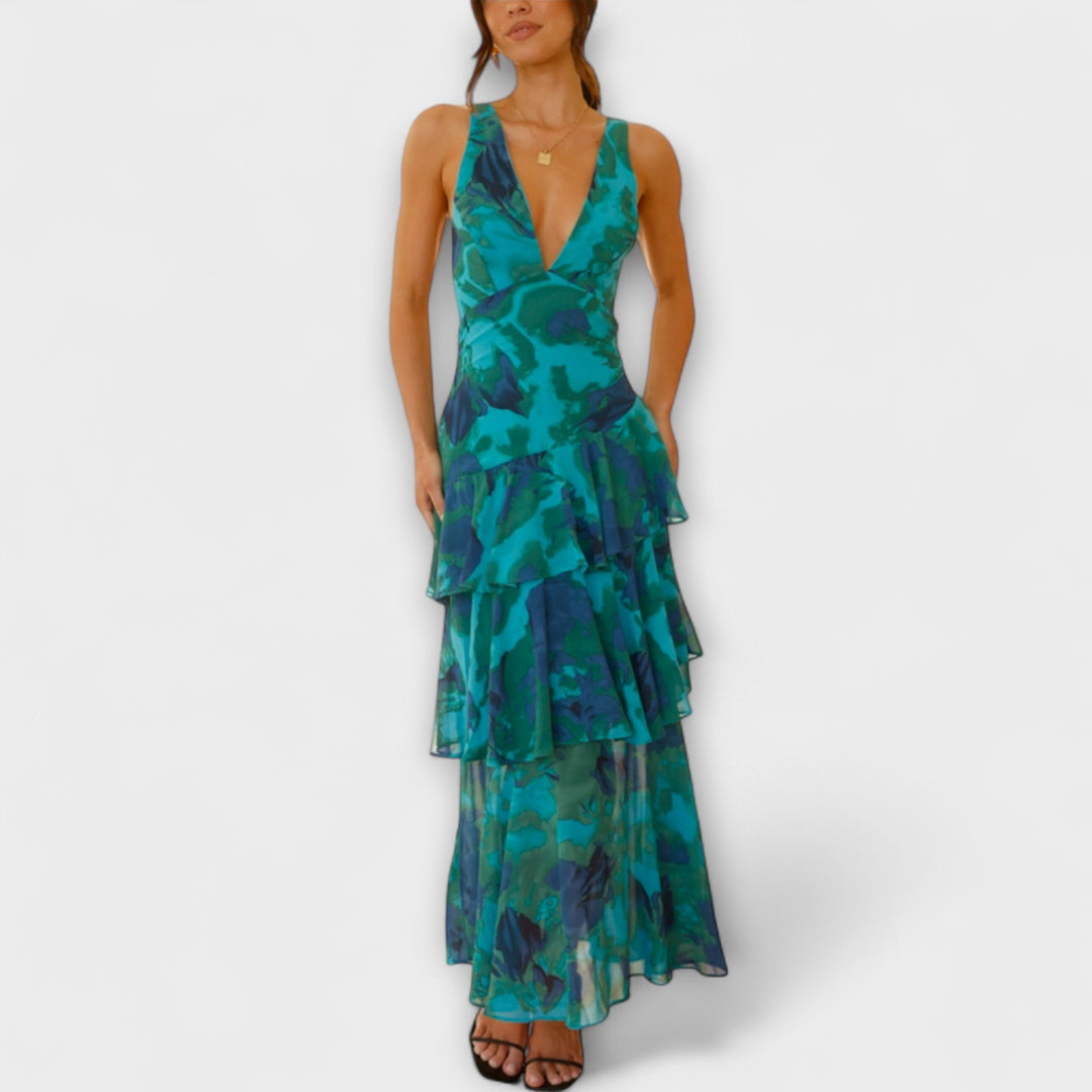 Domenica - Blau-grünes Chiffonkleid mit Lagen