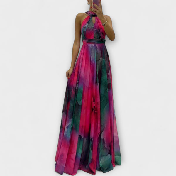 Isalie - Robe Longue en Mousseline Rose à Motif Floral