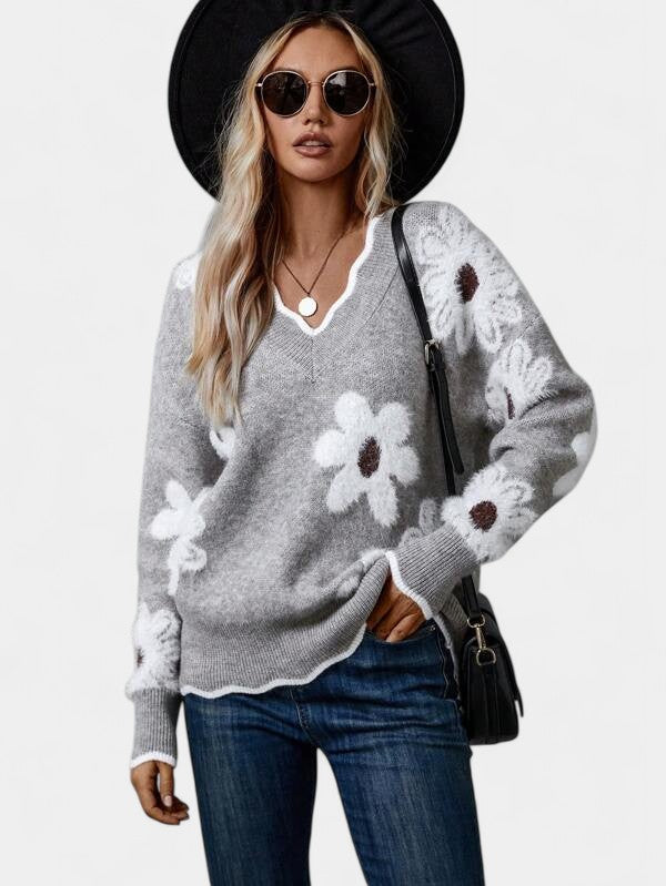 Thea Elegant Floral Sweater with V-Neck