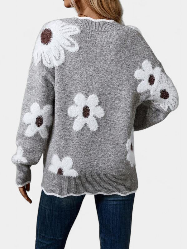 Thea Elegant Floral Sweater with V-Neck