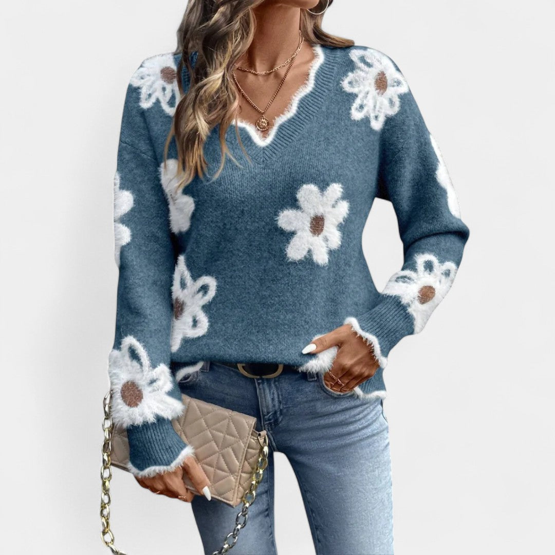 Thea Elegant Floral Sweater with V-Neck