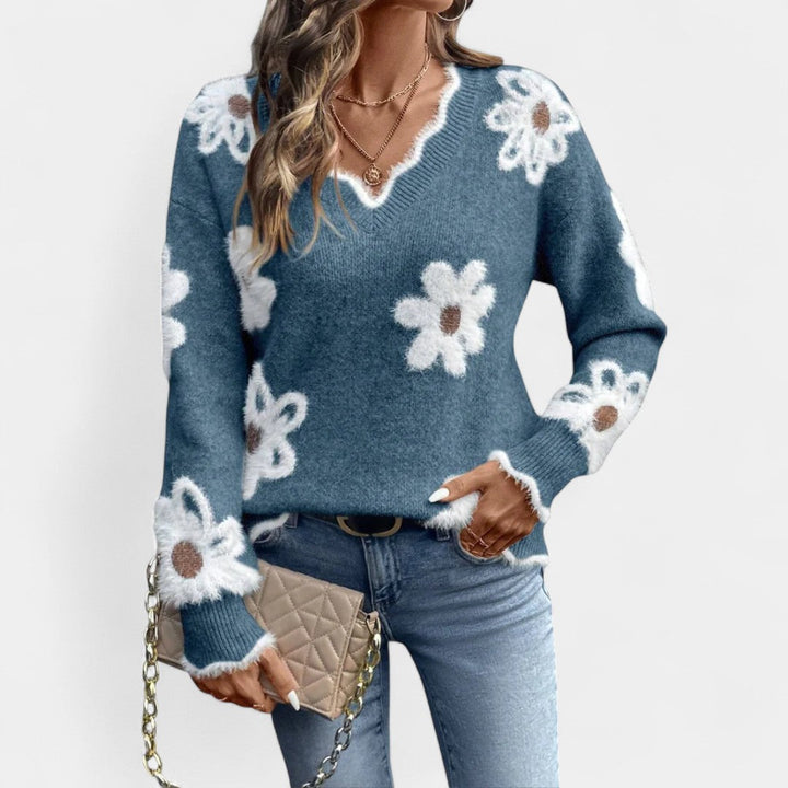 Thea Elegant Floral Sweater with V-Neck