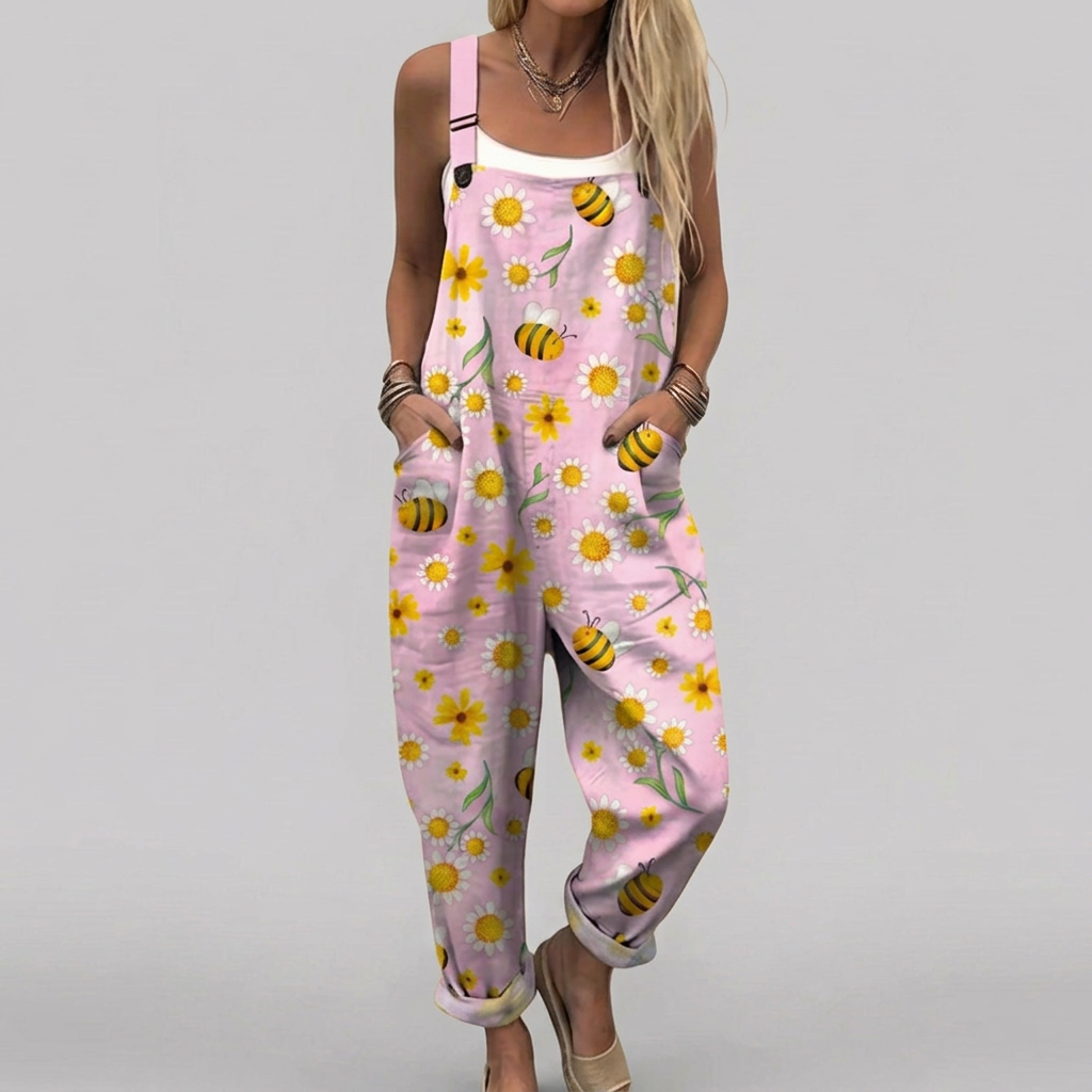 Una - Romantic dungarees with bee floral print